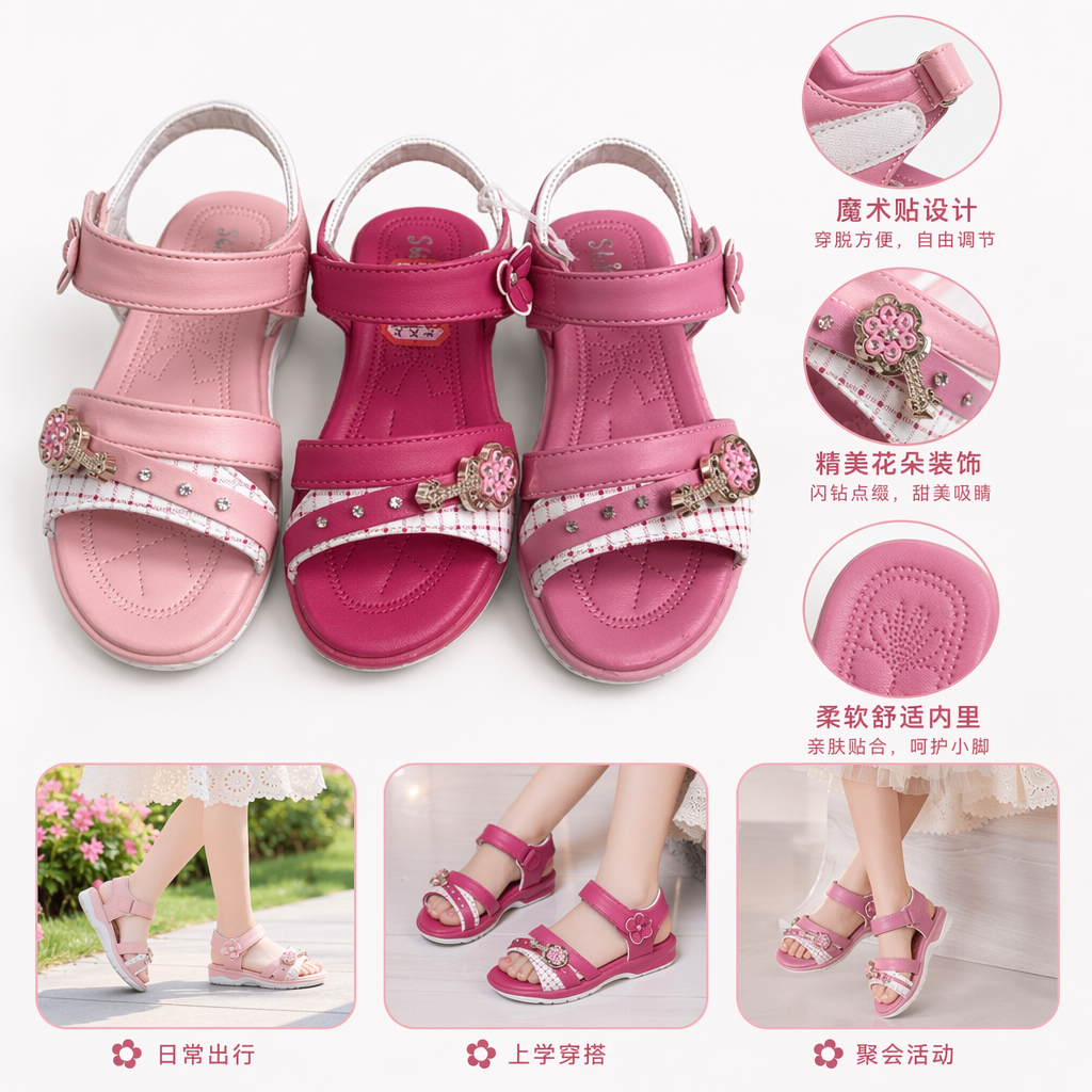 粉色儿童凉鞋女童夏款透气防滑软底一脚蹬