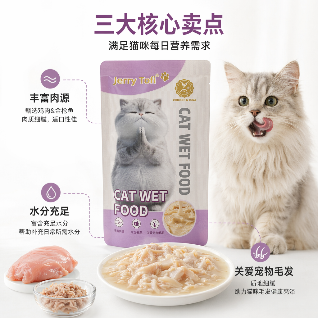 紫色包装袋猫罐头高蛋白主食级湿粮全价营养成猫幼猫通用