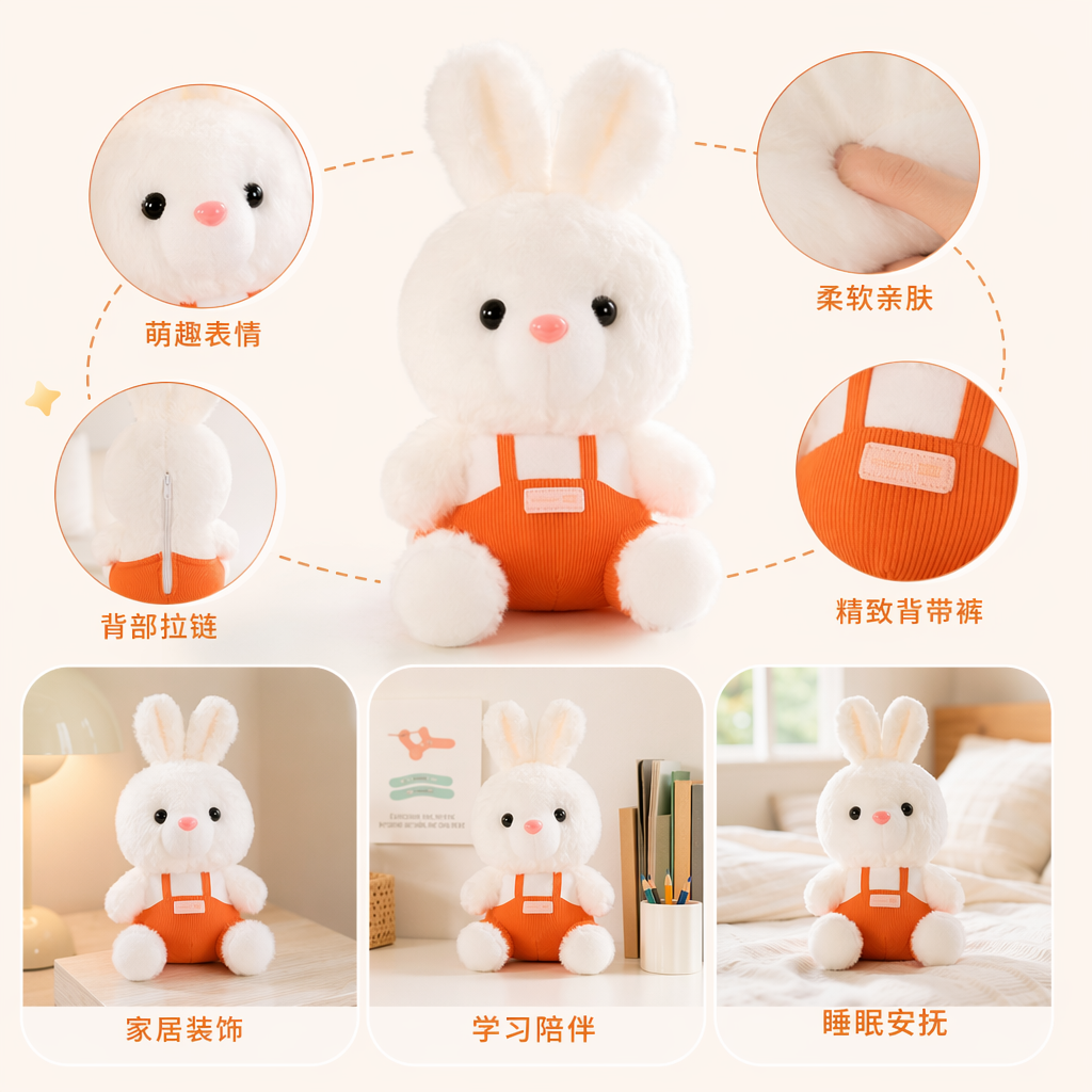 Three white plush rabbit dolls in a set of overalls in orange, purple and blue colors