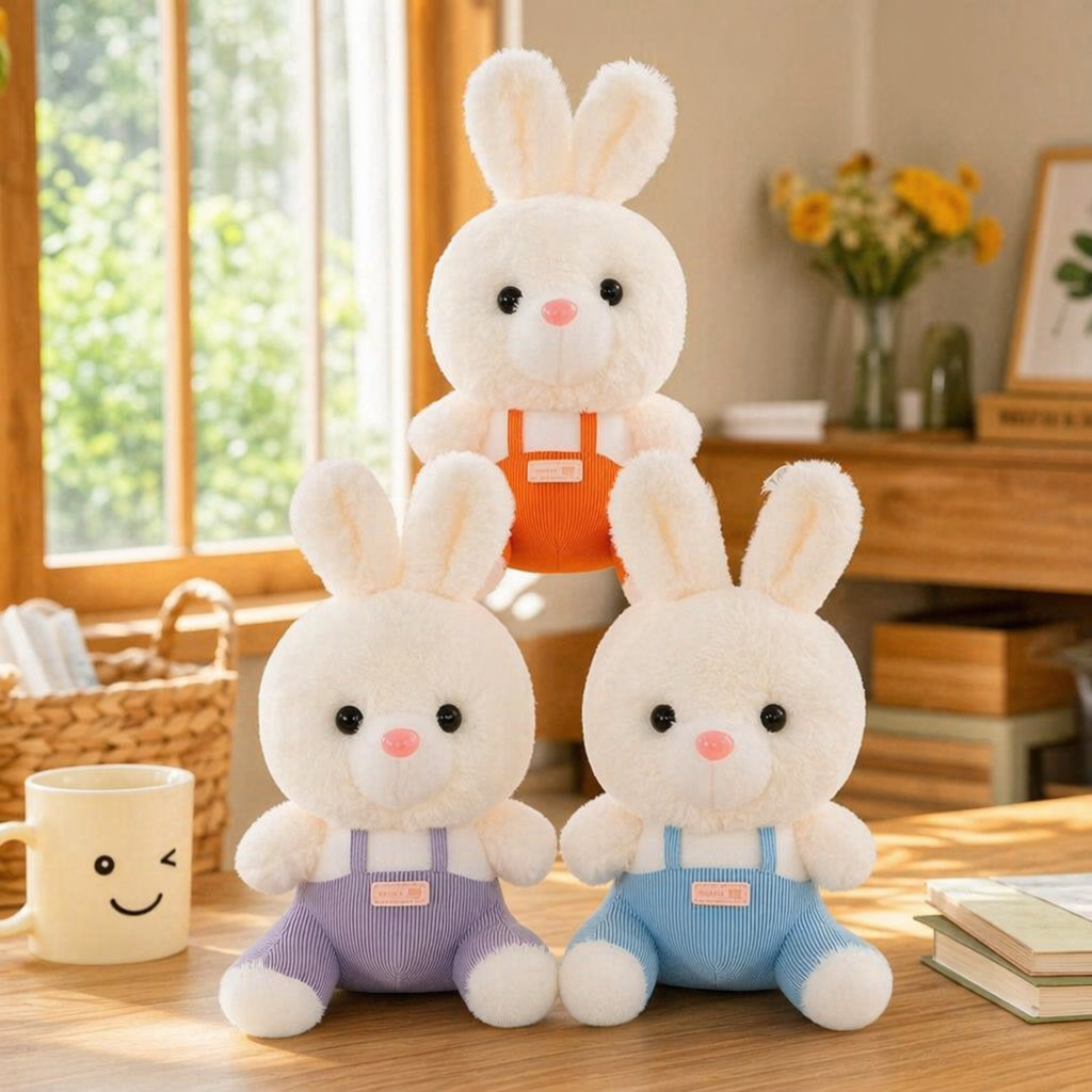 Three white plush rabbit dolls in a set of overalls in orange, purple and blue colors details Picture