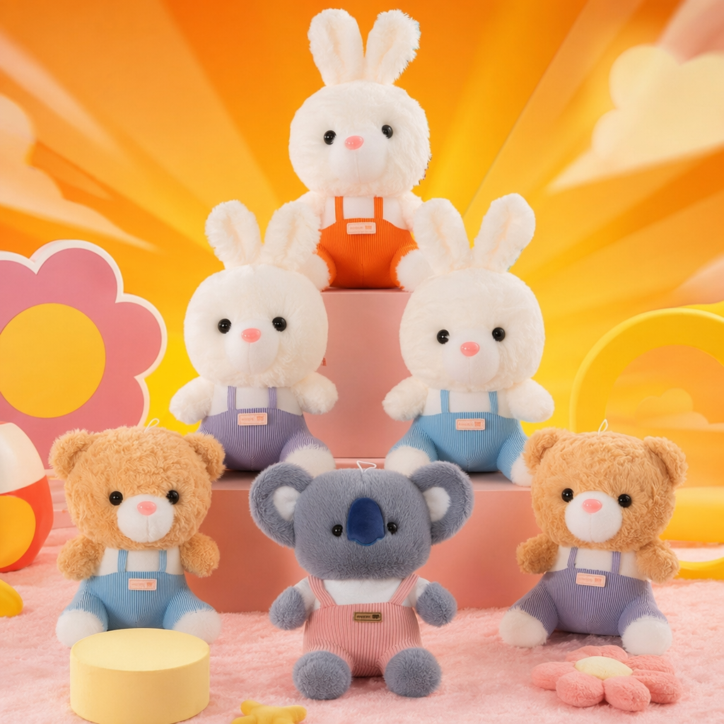 Three white plush rabbit dolls in a set of overalls in orange, purple and blue colors Specification image