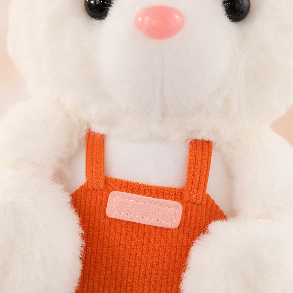Three white plush rabbit dolls in a set of overalls in orange, purple and blue colors Application Scenario