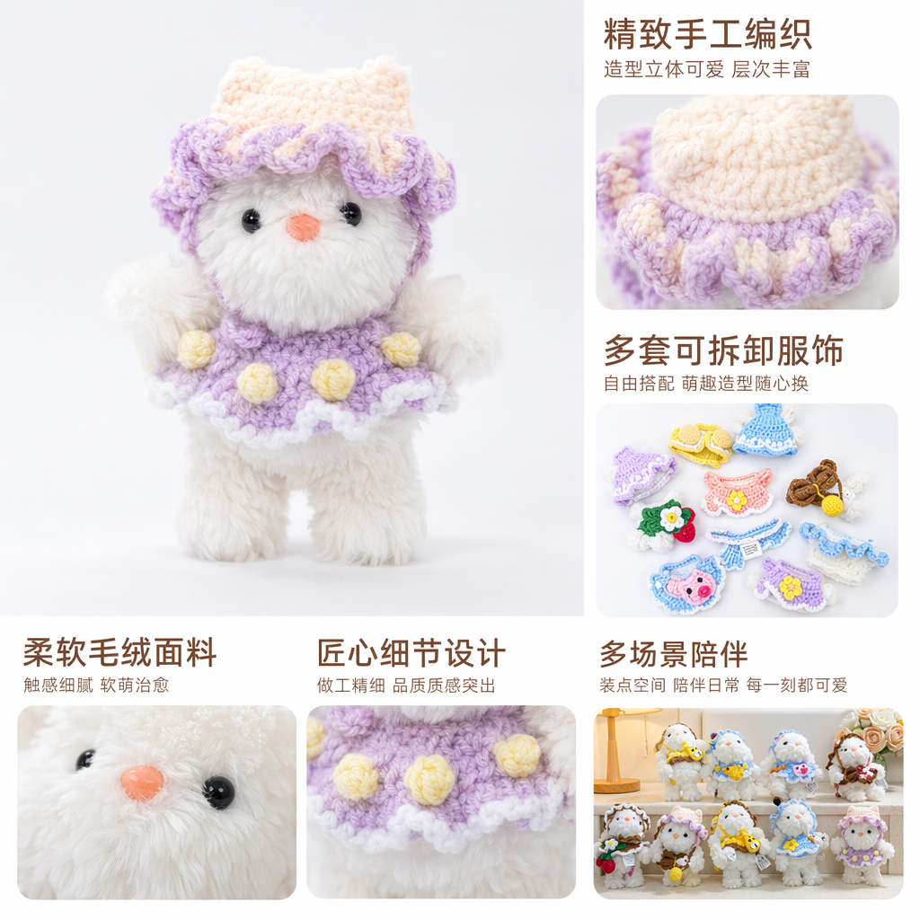 白色毛绒玩偶群配彩色钩针编织服饰套装