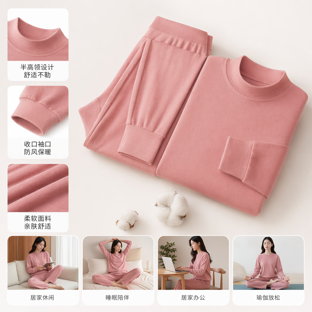 粉色加厚保暖家居服套装 男女同款秋冬棉质睡衣两件套