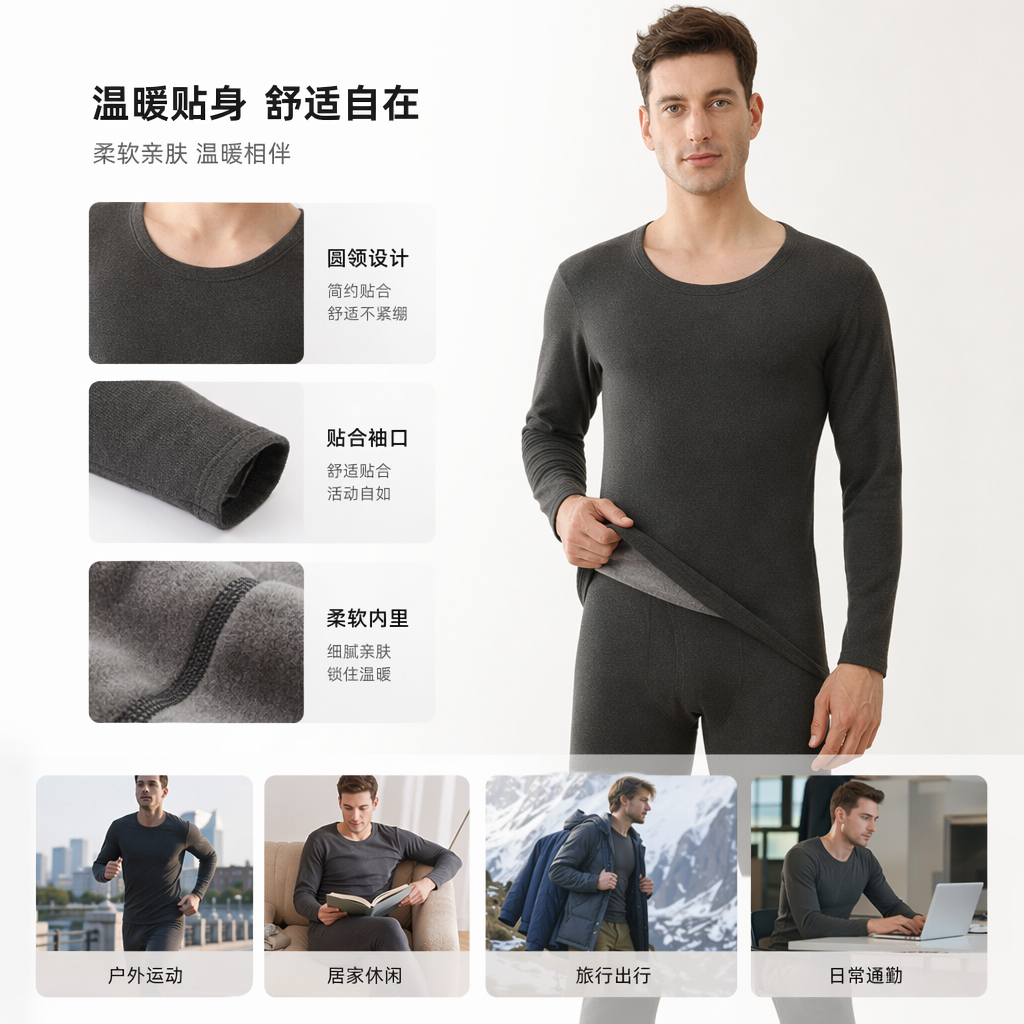 深灰色男款羊毛蚕丝保暖内衣套装