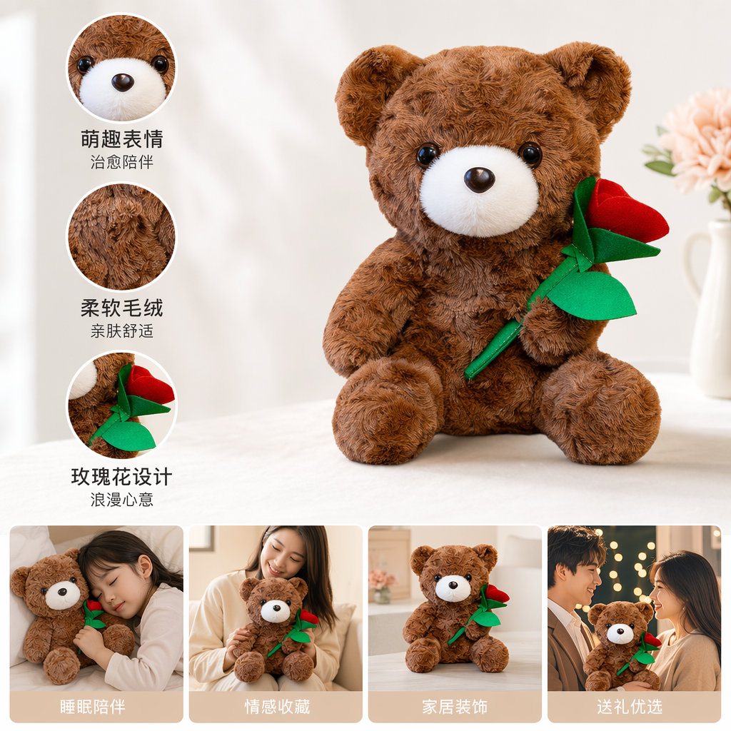 A brown plush bear hugging a red rose plush toy as a Valentine's Day gift for your girlfriend