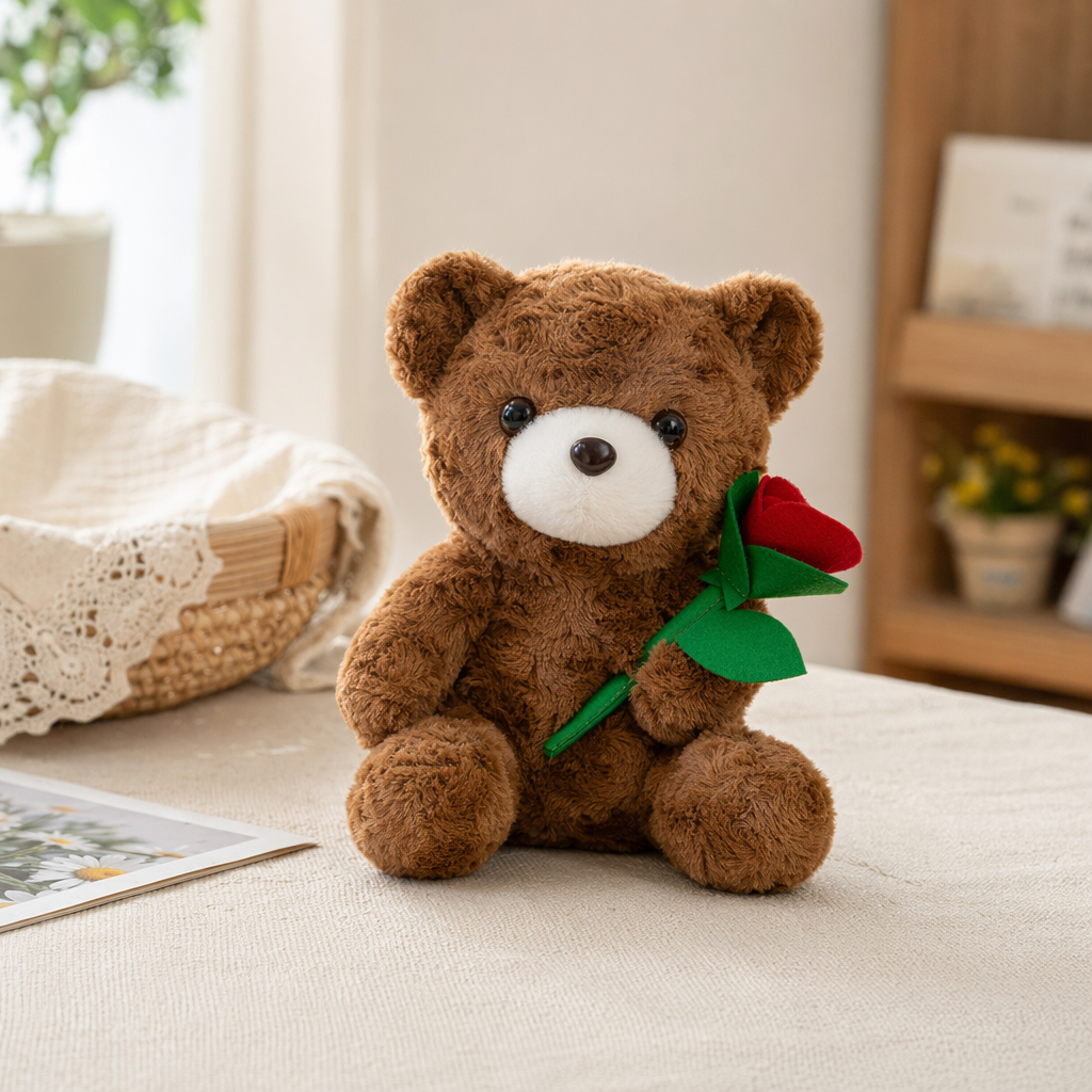 A brown plush bear hugging a red rose plush toy as a Valentine's Day gift for your girlfriend details Picture