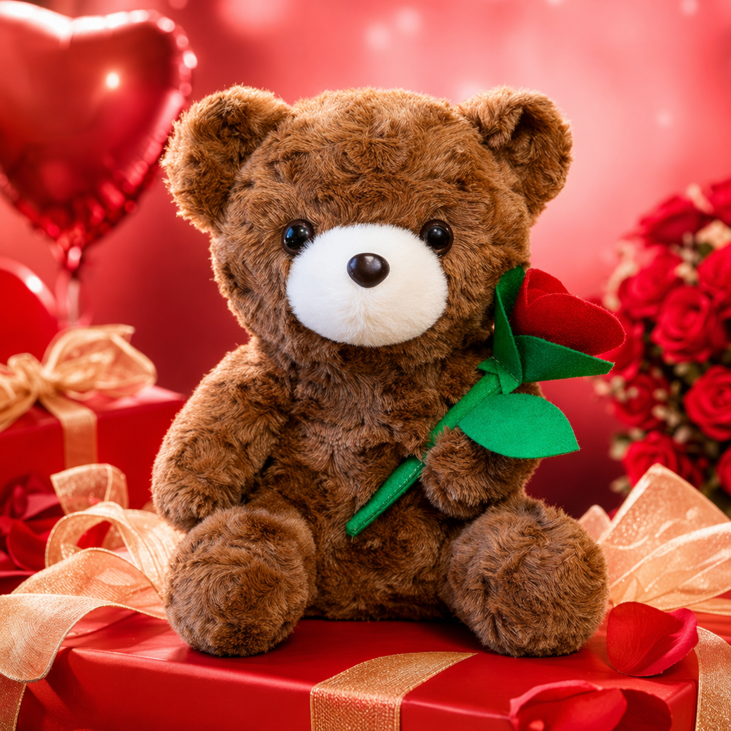 A brown plush bear hugging a red rose plush toy as a Valentine's Day gift for your girlfriend Specification image