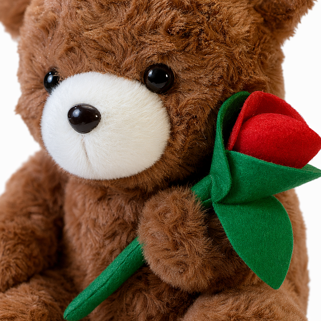 A brown plush bear hugging a red rose plush toy as a Valentine's Day gift for your girlfriend Application Scenario