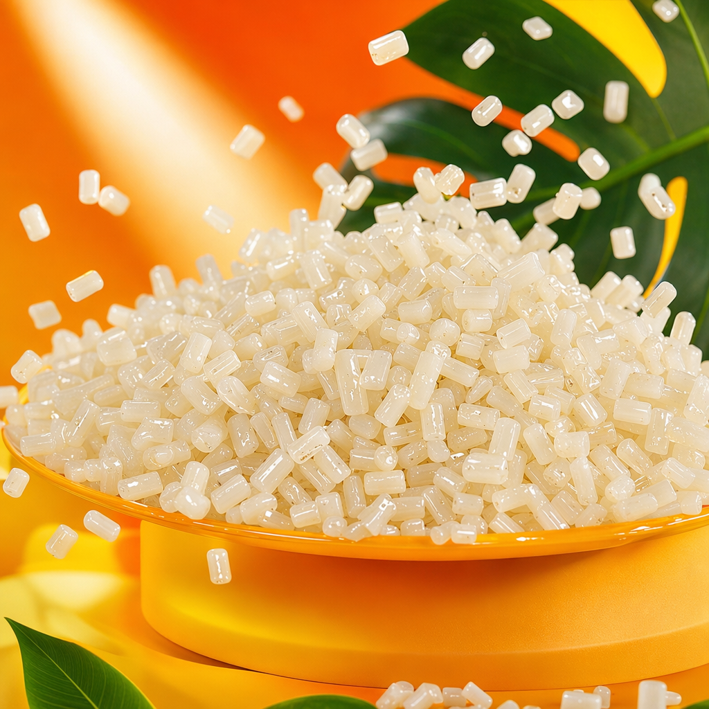 Light yellow granular plastic particles are made of general engineering plastic raw materials such as PP and PE Specification image