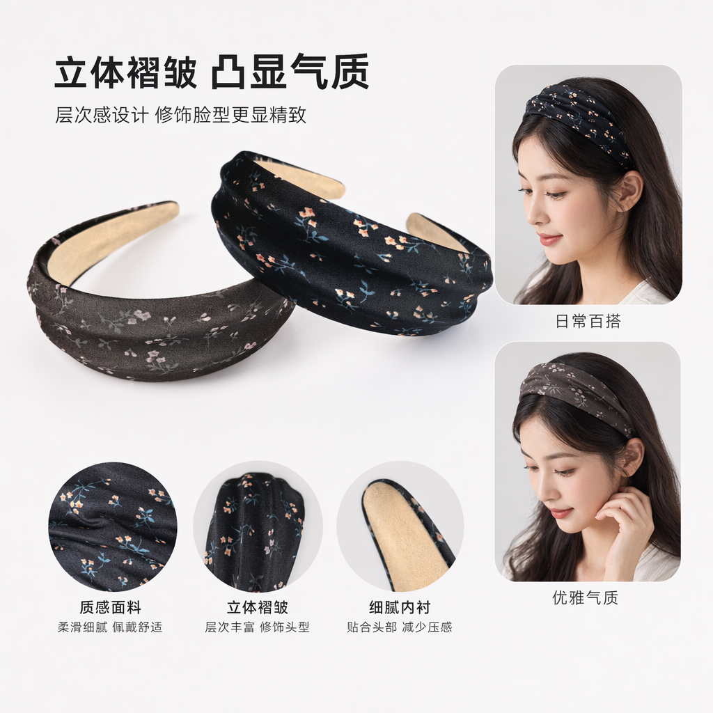 黑色碎花发箍 女士韩版简约百搭头饰弹性舒适