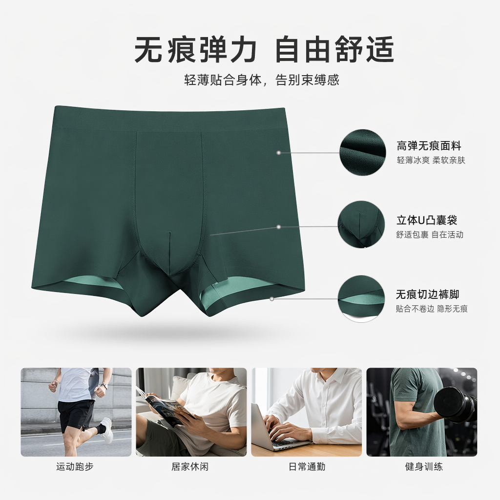 深绿色平角内裤纯棉透气男士简约舒适