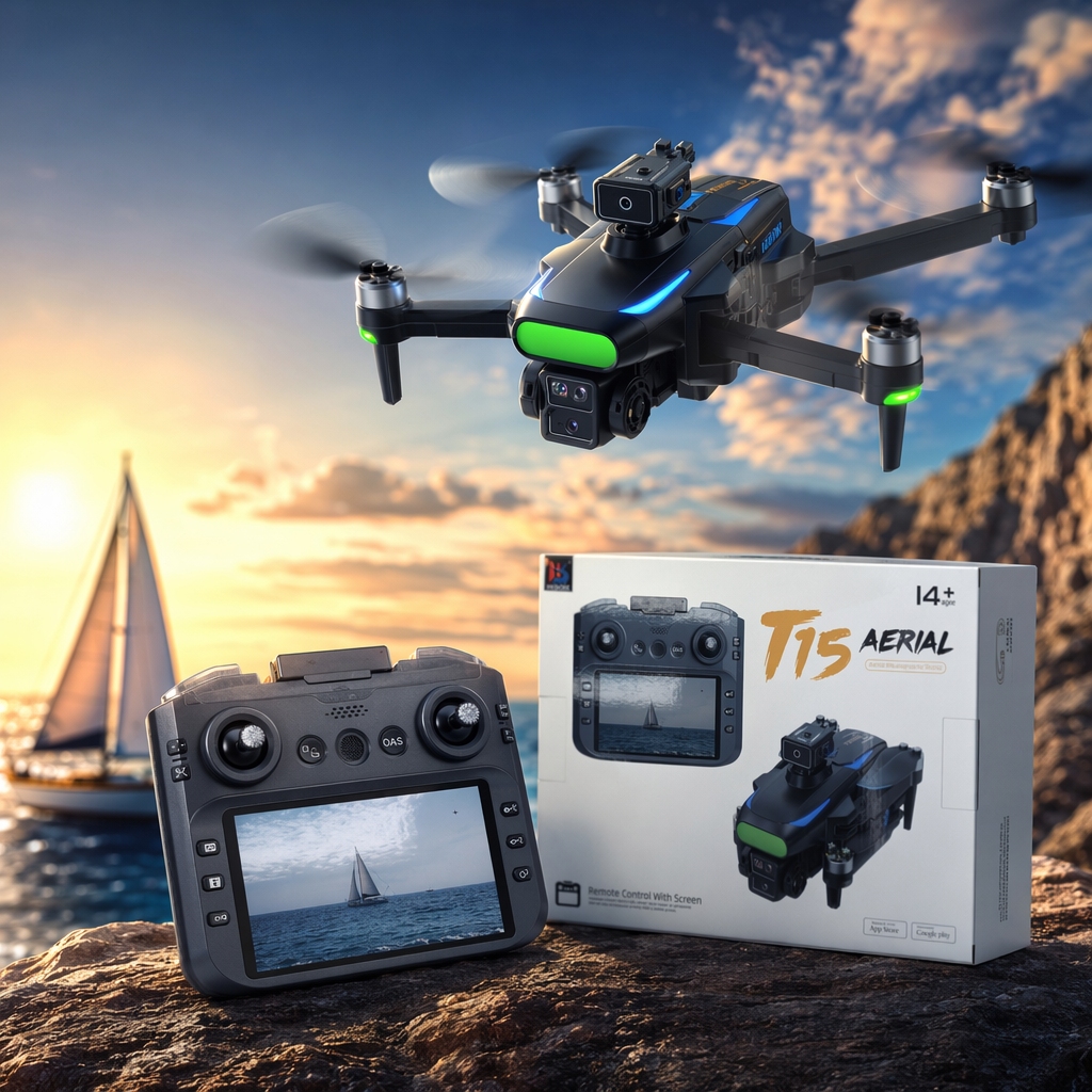 T15 AERIAL drone and remote control in white packaging box Specification image