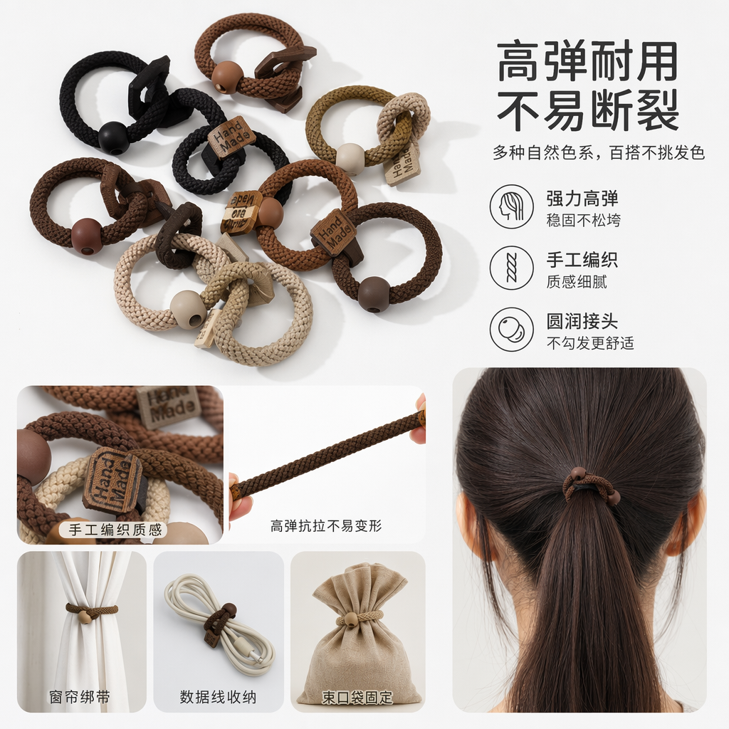 多色编织发圈透明塑料袋包装带木质圆珠Hand Made标签