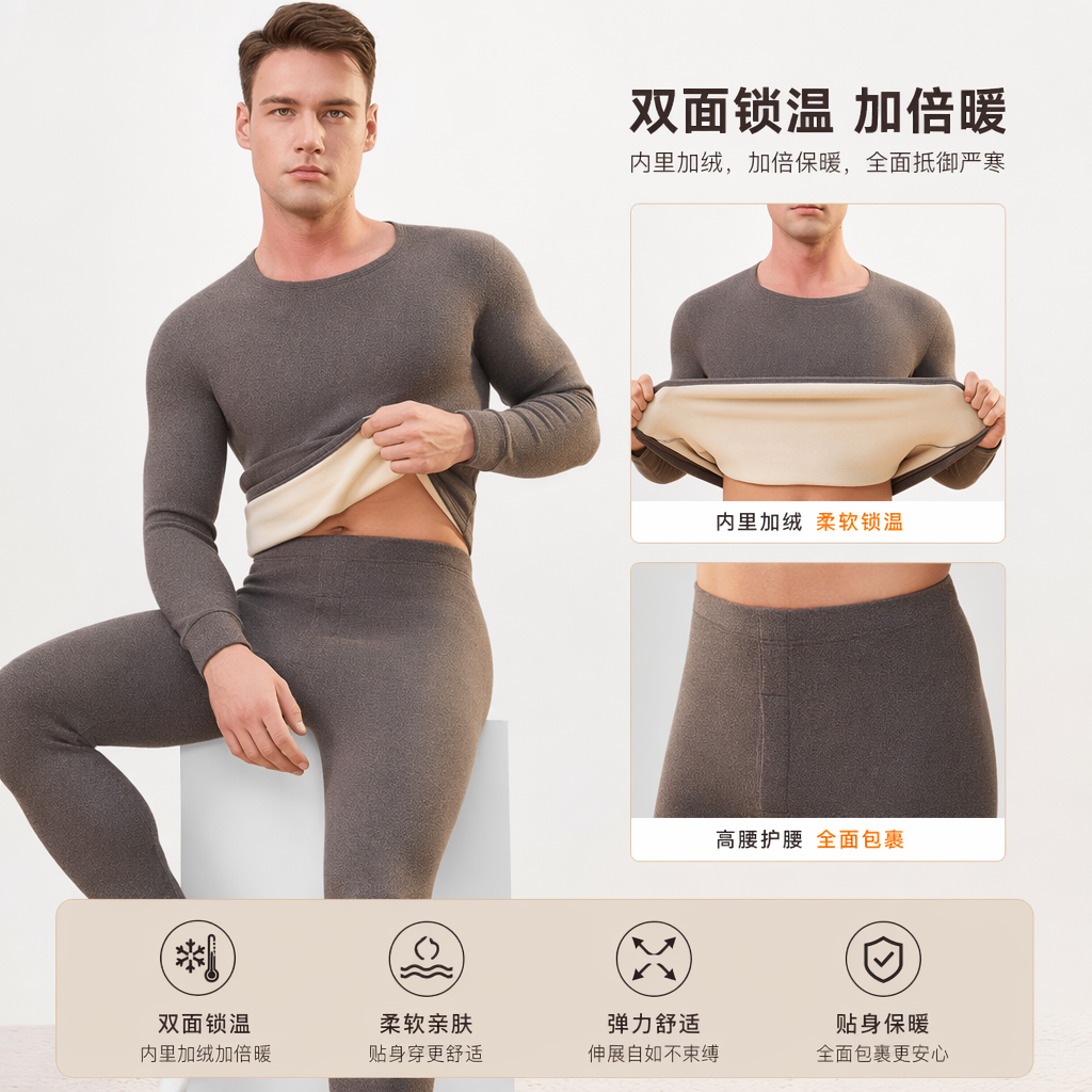 灰色加绒保暖套装男秋冬休闲运动两件套