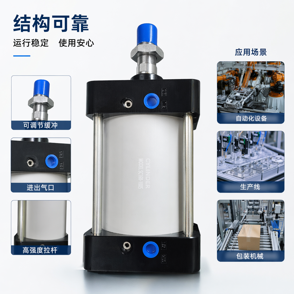 黑色气缸配银色缸筒蓝色接头两侧金属导杆