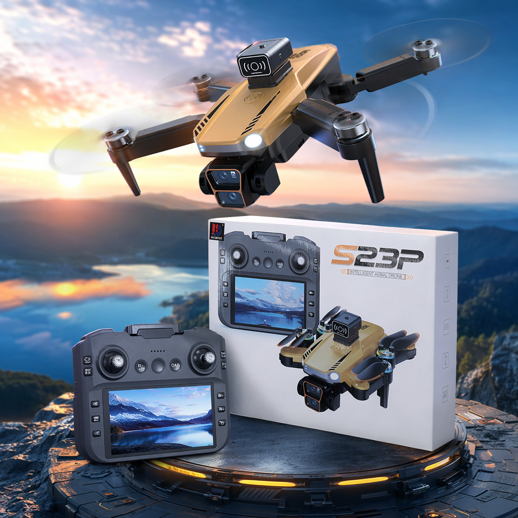 The white packaging box features a drone remote control and a drone model Specification image