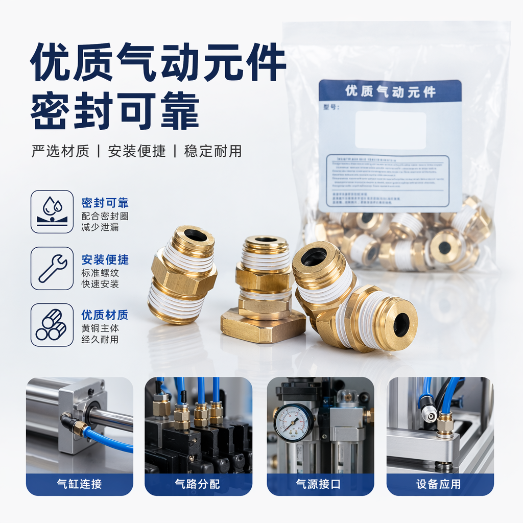 透明塑料袋包装金色气动接头 通用型快速插拔密封连接件