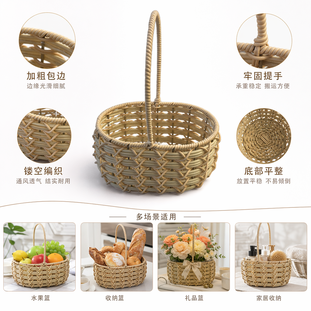Beige hand-woven storage basket, home storage basket, rattan-woven style, suitable for bedrooms and living rooms