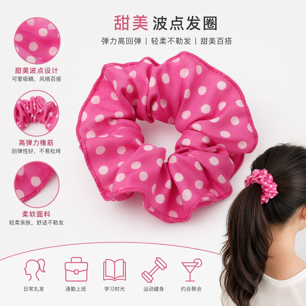 粉色波点发圈 韩版甜美头饰 女生扎头发用 宽边弹性发箍