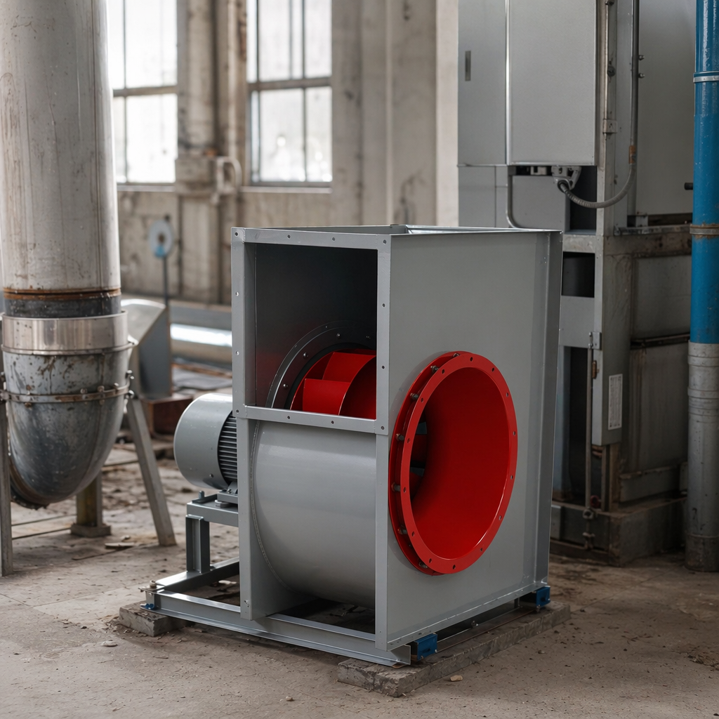 Grey box fan with red impeller and flange industrial ventilation equipment details Picture