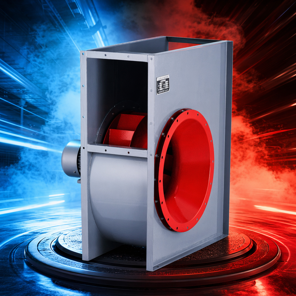 Grey box fan with red impeller and flange industrial ventilation equipment Specification image