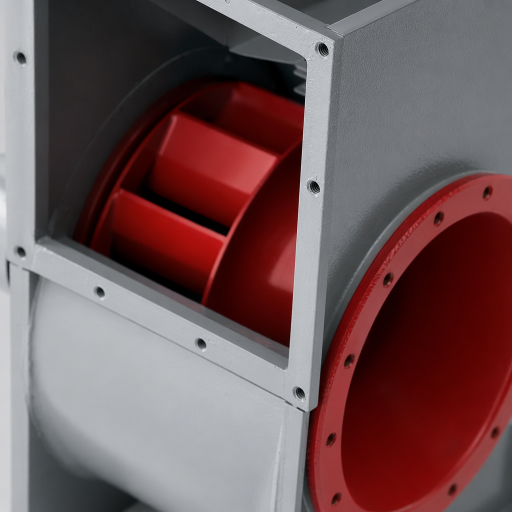 Grey box fan with red impeller and flange industrial ventilation equipment Application Scenario