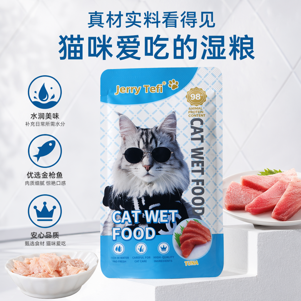 Blue and white packaged bag cat food, high protein and low fat, specially designed for the growth period of kittens and easy to digest