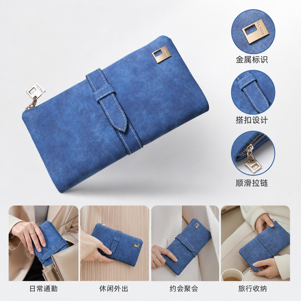 Blue long wallet, simple and large-capacity leather loose change pocket bag for women