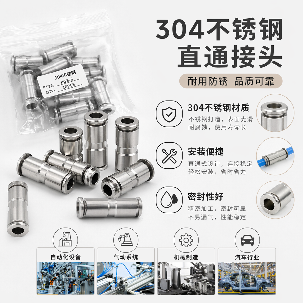 PTYE PG8 6银色304不锈钢气动快速接头10PCS透明塑料袋装