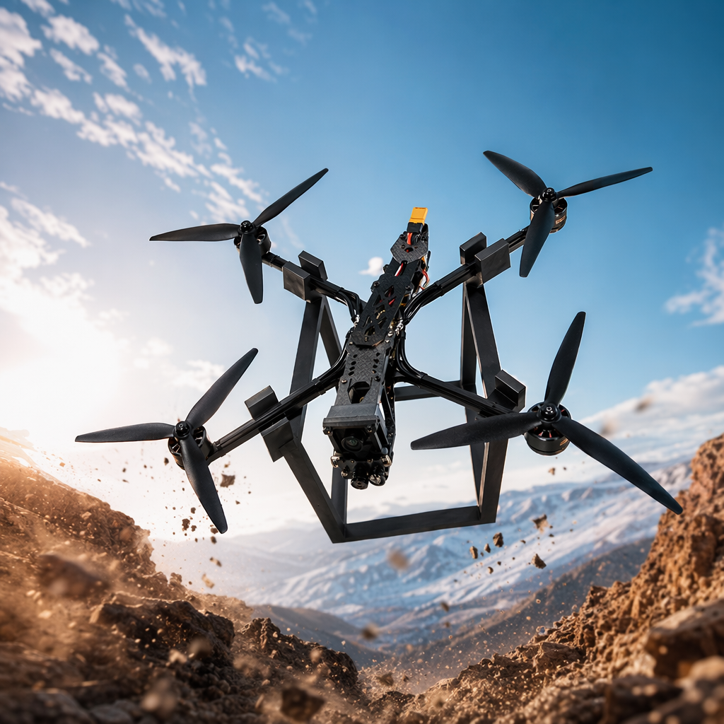 A black quadcopter drone with a carbon fiber body and a 500-meter image transmission 4K aerial photography device Specification image