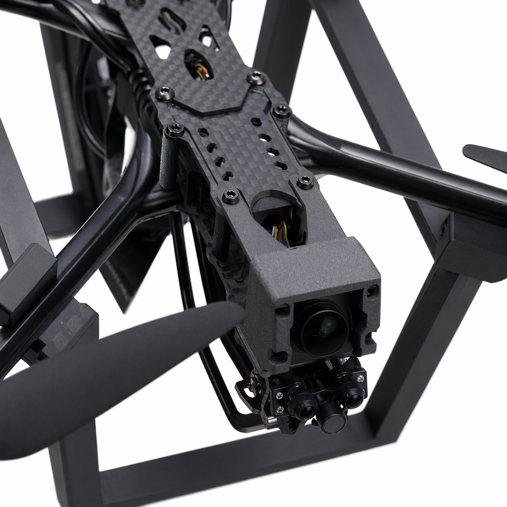 A black quadcopter drone with a carbon fiber body and a 500-meter image transmission 4K aerial photography device Application Scenario
