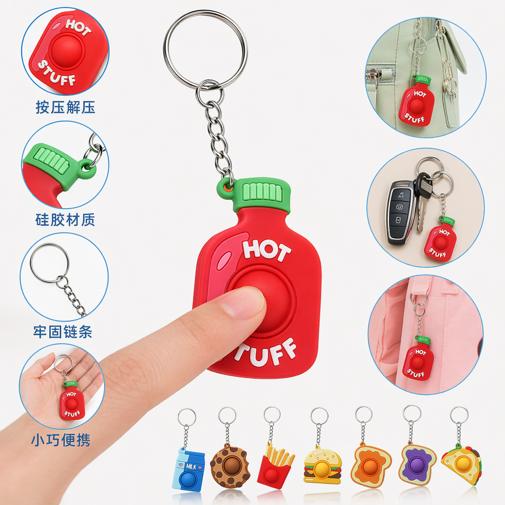 Colorful PVC food-shaped press-type keychain French fries, chocolate cookies, hamburgers, milk cartons, ketchup bottles, pizza, toast