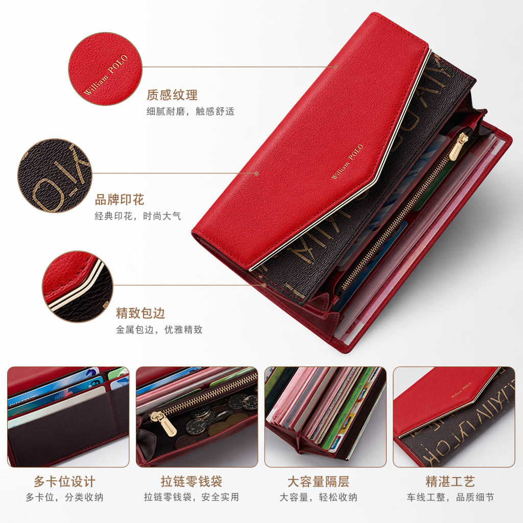 Red flip-top long wallet, genuine leather for ladies, simple and fashionable, large capacity and multiple compartments