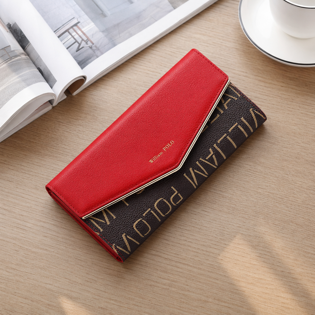 Red flip-top long wallet, genuine leather for ladies, simple and fashionable, large capacity and multiple compartments details Picture