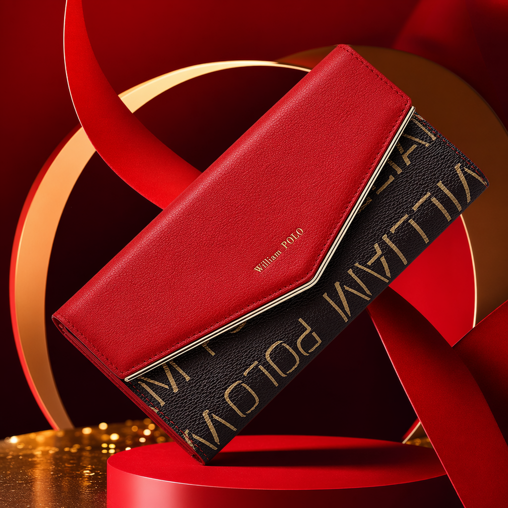 Red flip-top long wallet, genuine leather for ladies, simple and fashionable, large capacity and multiple compartments Specification image