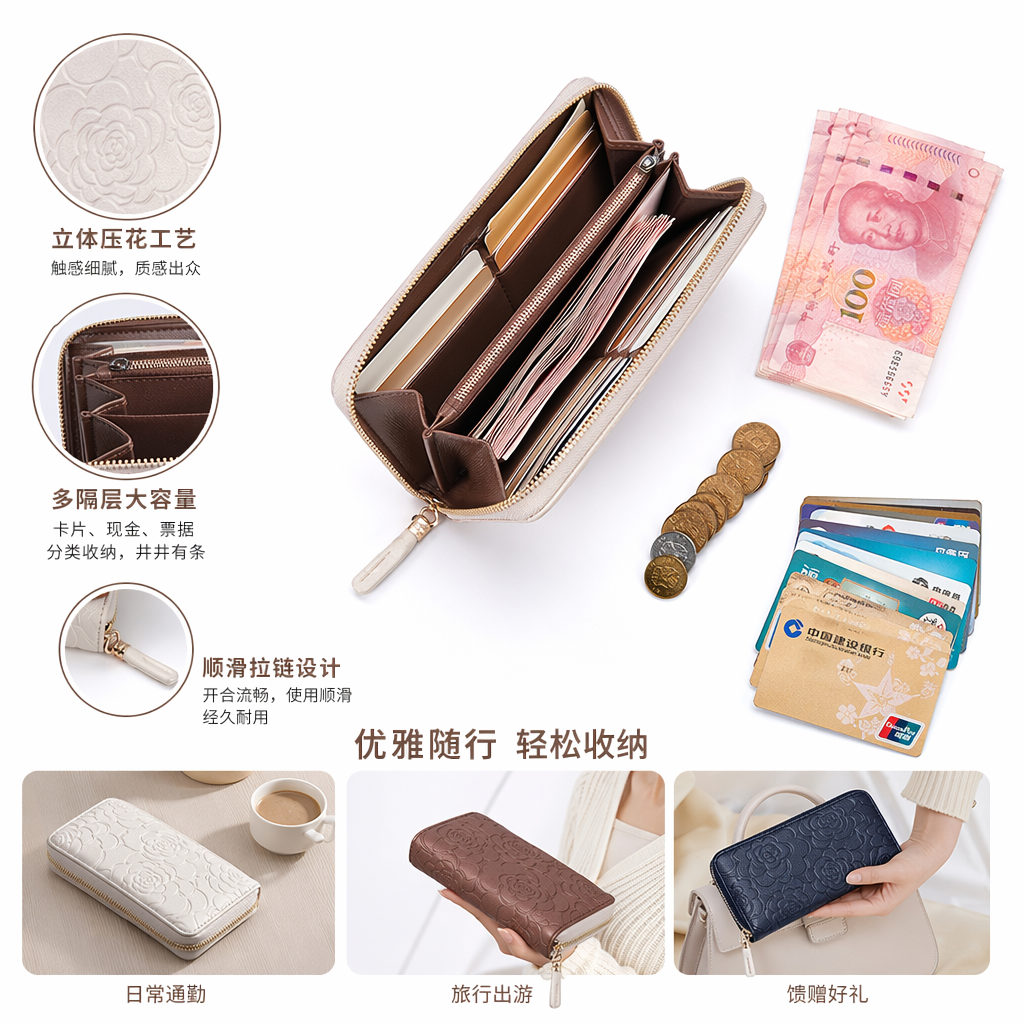 The three-color floral embossed women's short wallet features a simple, fashionable and niche Korean design
