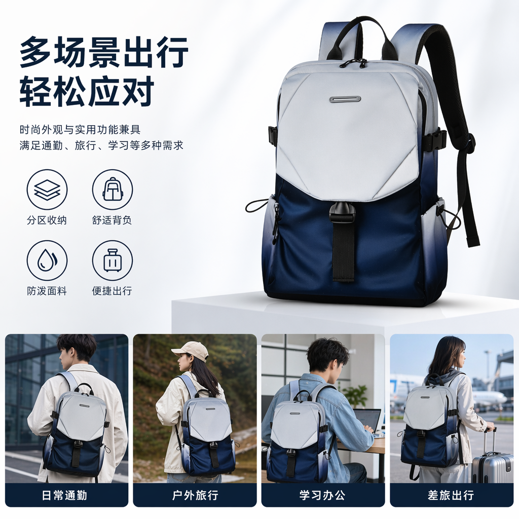 蓝白渐变简约大容量通勤背包男女同款