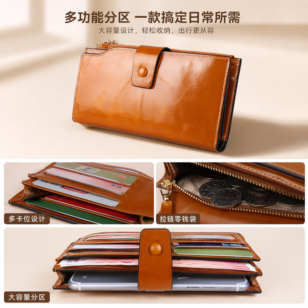 Brown leather men's long wallet, genuine leather, retro and simple, business casual