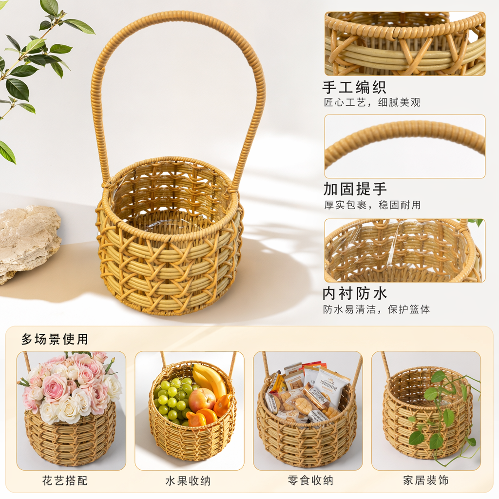 Beige hand-woven storage basket for home living room and bedroom storage