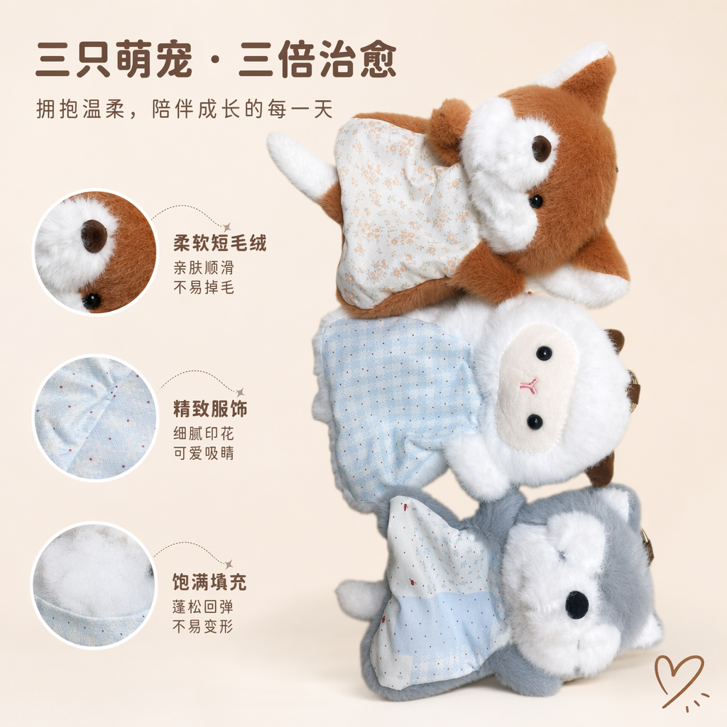 三只毛绒动物玩偶橙白狐狸白羊灰白狗碎花波点围裙趴姿
