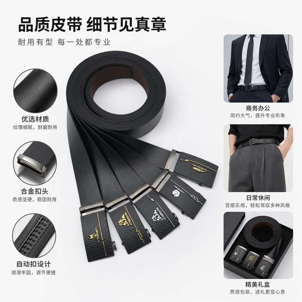 黑色真皮皮带 金属扣头男士腰带 时尚简约百搭
