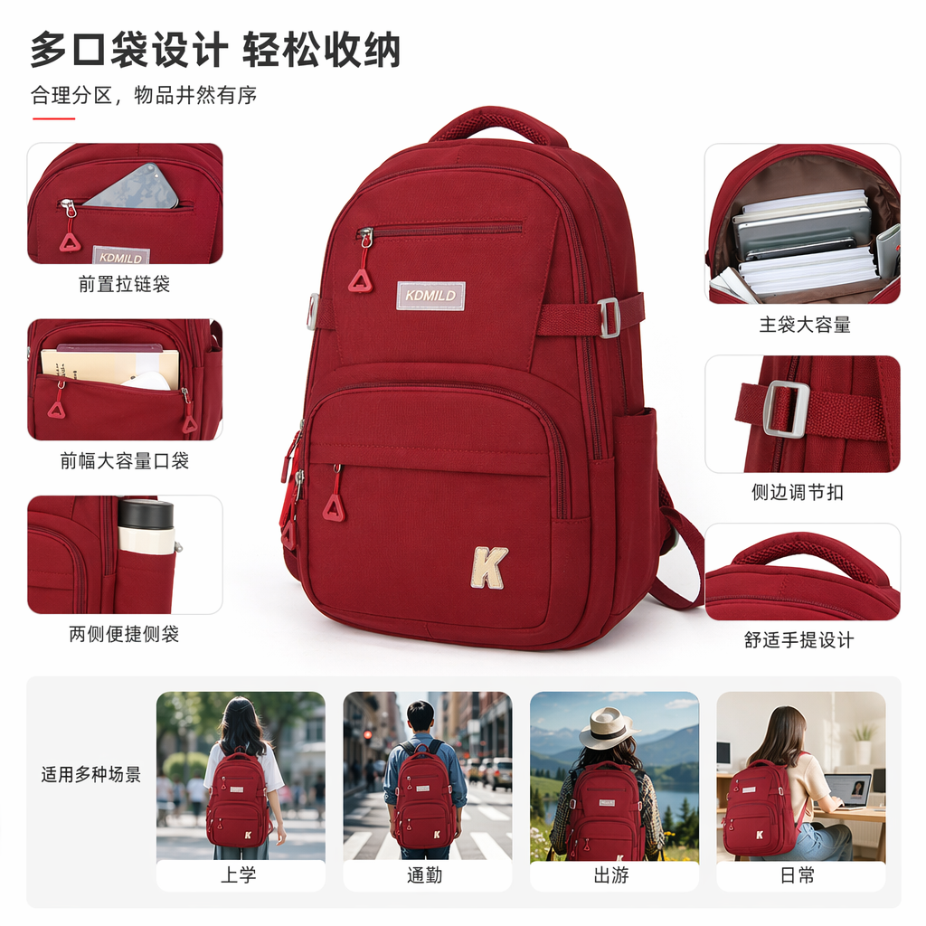 红色双肩包时尚轻便大容量学生通勤旅行背包