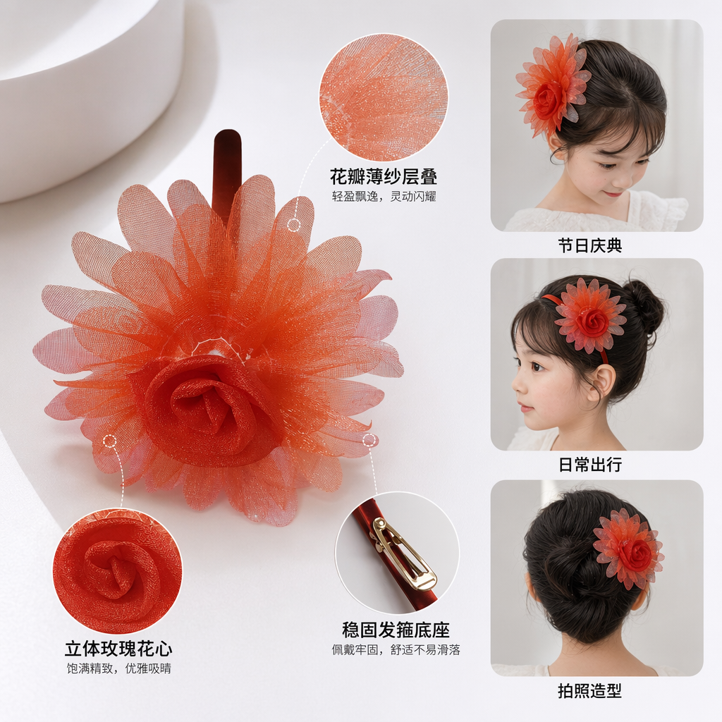 橙色纱质花朵发箍 女士甜美头饰 轻盈透气日常搭配