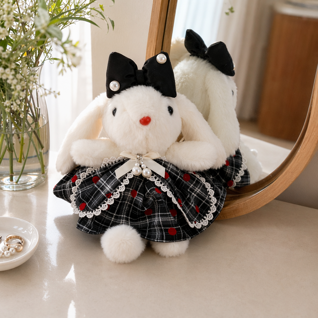 A white plush rabbit doll is displayed handheld in a black pearl bow, checkered and red dot dress details Picture