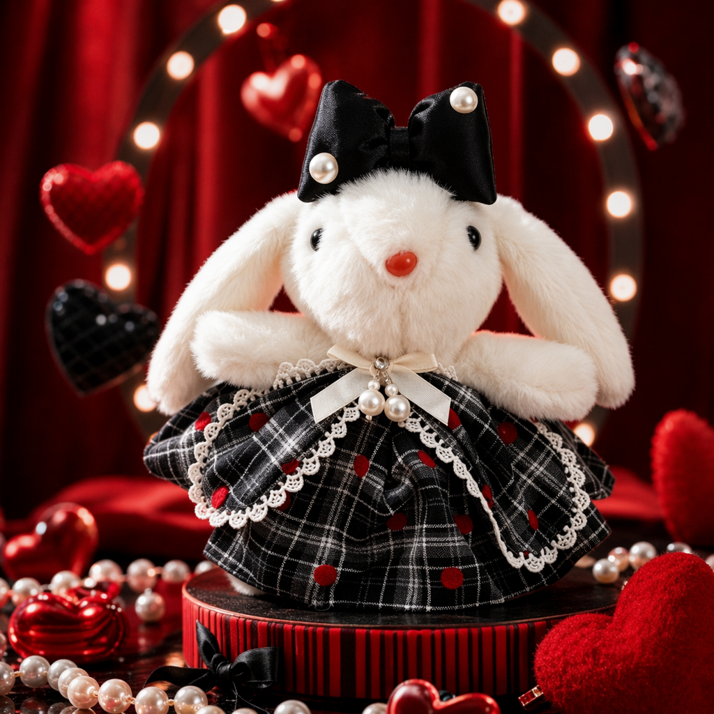 A white plush rabbit doll is displayed handheld in a black pearl bow, checkered and red dot dress Specification image