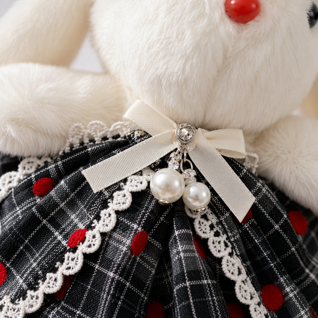 A white plush rabbit doll is displayed handheld in a black pearl bow, checkered and red dot dress Application Scenario