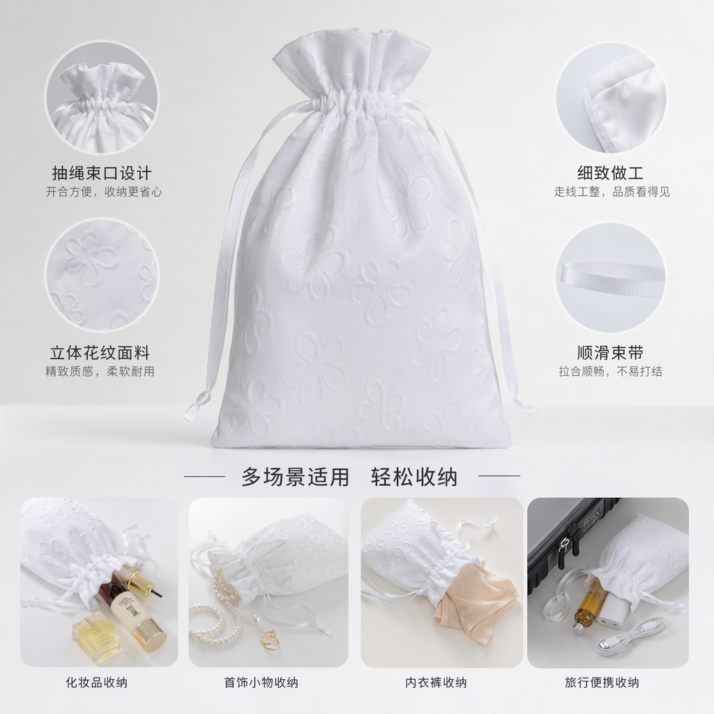 白色绣花抽绳袋 时尚简约收纳袋 可调节抽绳手提礼品包装袋
