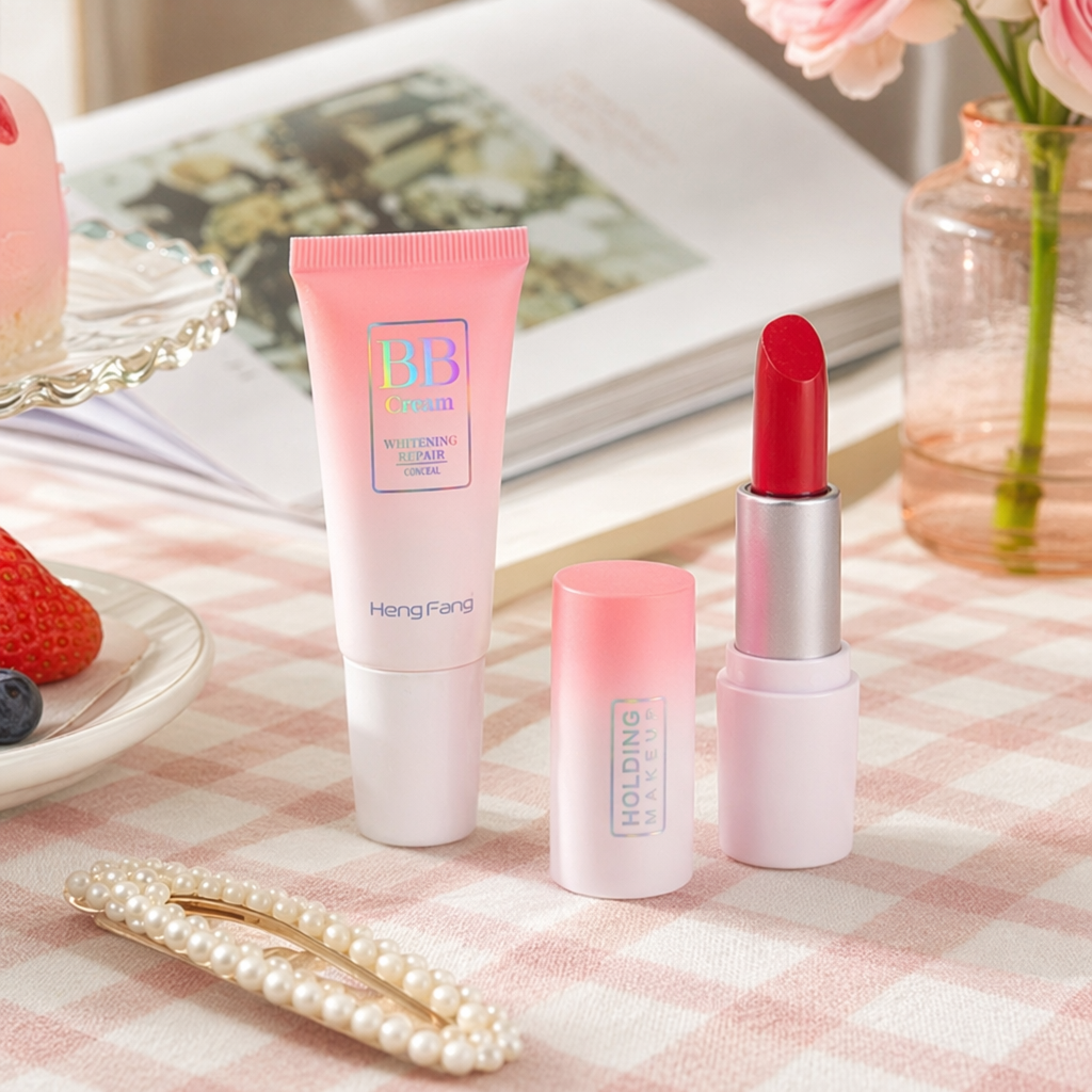 A set of pink gradient lipstick tube with red cream and pink beauty egg details Picture