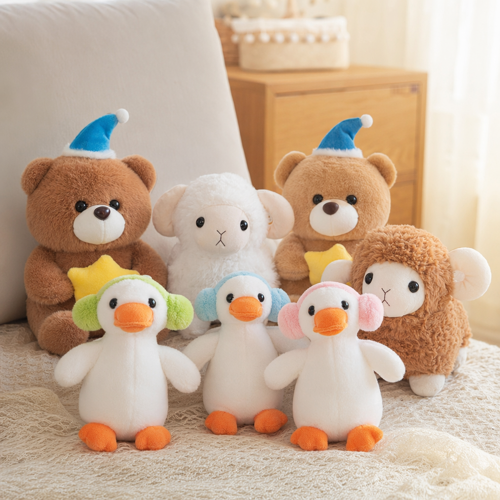 Three white duck plush toys with ear muffs are cute and fun home decorations details Picture